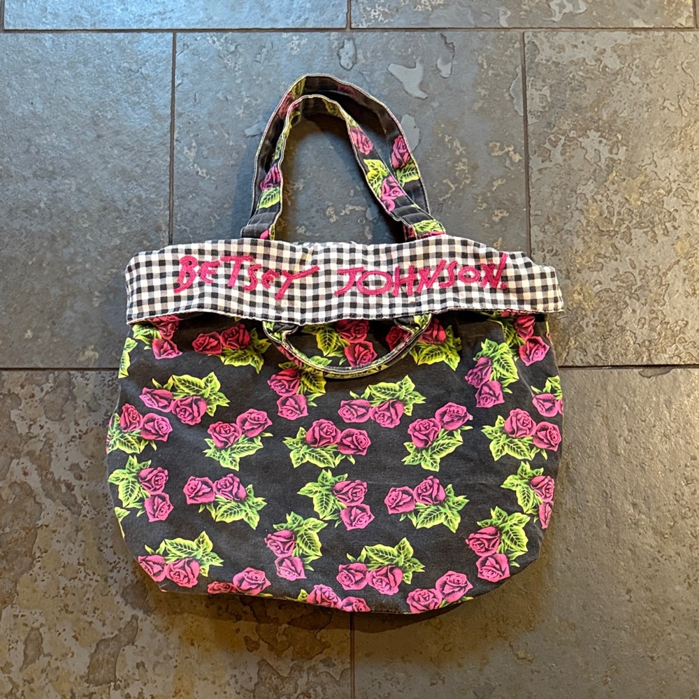 Vintage Y2K Betsey Johnson Black Tote with Pink and Green Floral Design